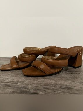 Jimmy Choo Tan Leather Triple-Strap Block Heel Sandals